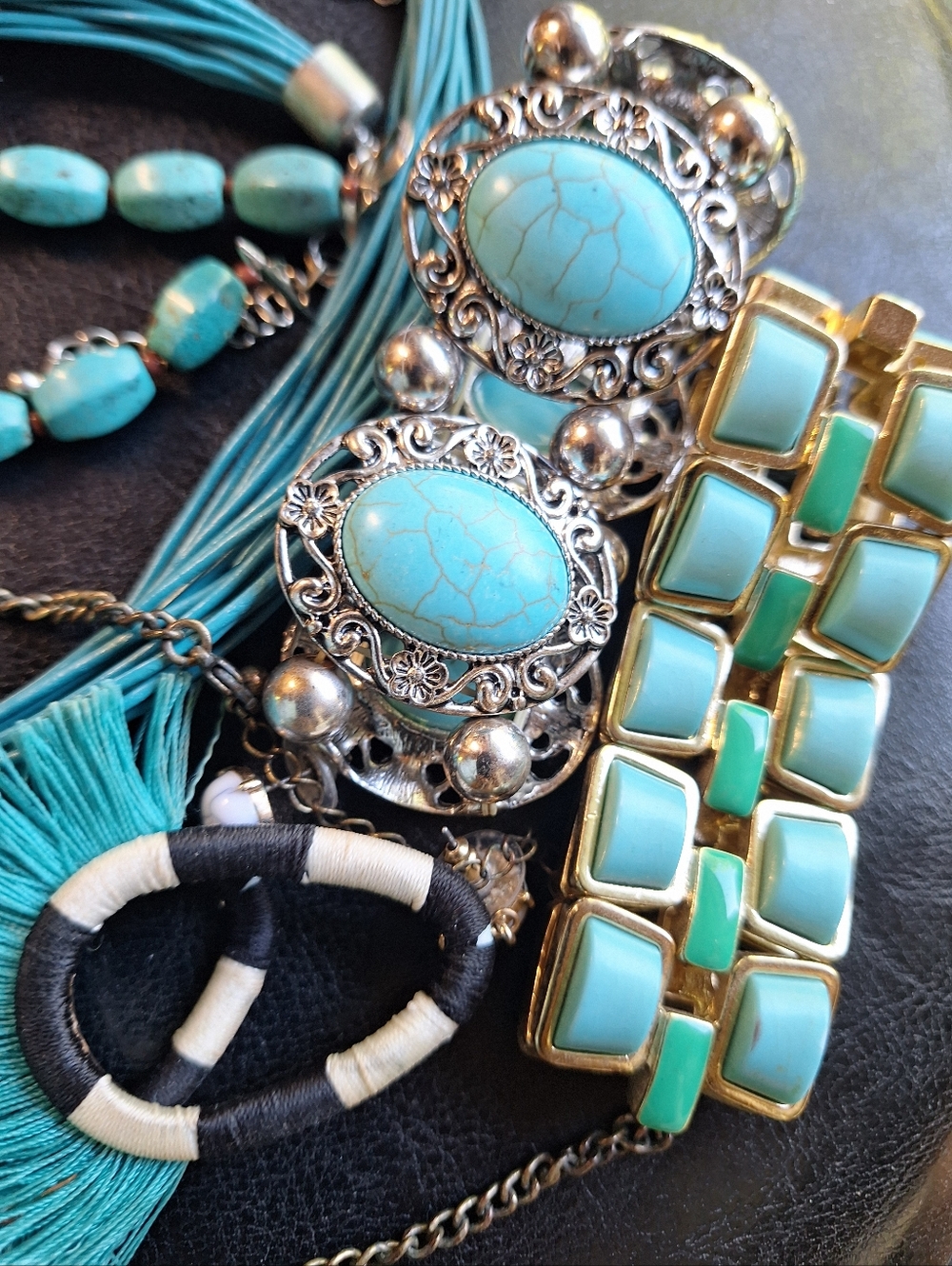 Turquoise & Silver BLUE Fashion Jewelry Ensemble Necklaces EARRINGS BRACELETS - Picture 3 of 7